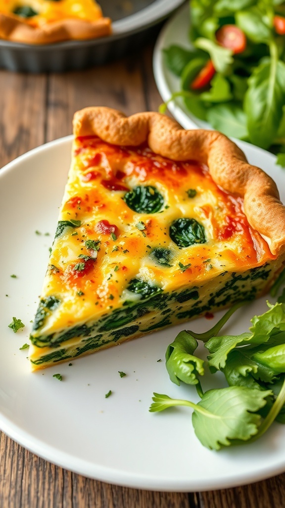 A slice of spinach and cheese quiche on a plate with a side salad, showcasing a flaky crust and vibrant filling.